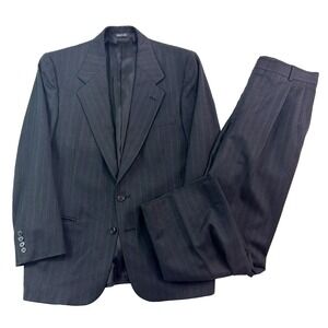 vtg‎ 90s Perry Ellis 40S 32x27 2pc Pant Suit black charcoal stripe 100% Wool usa